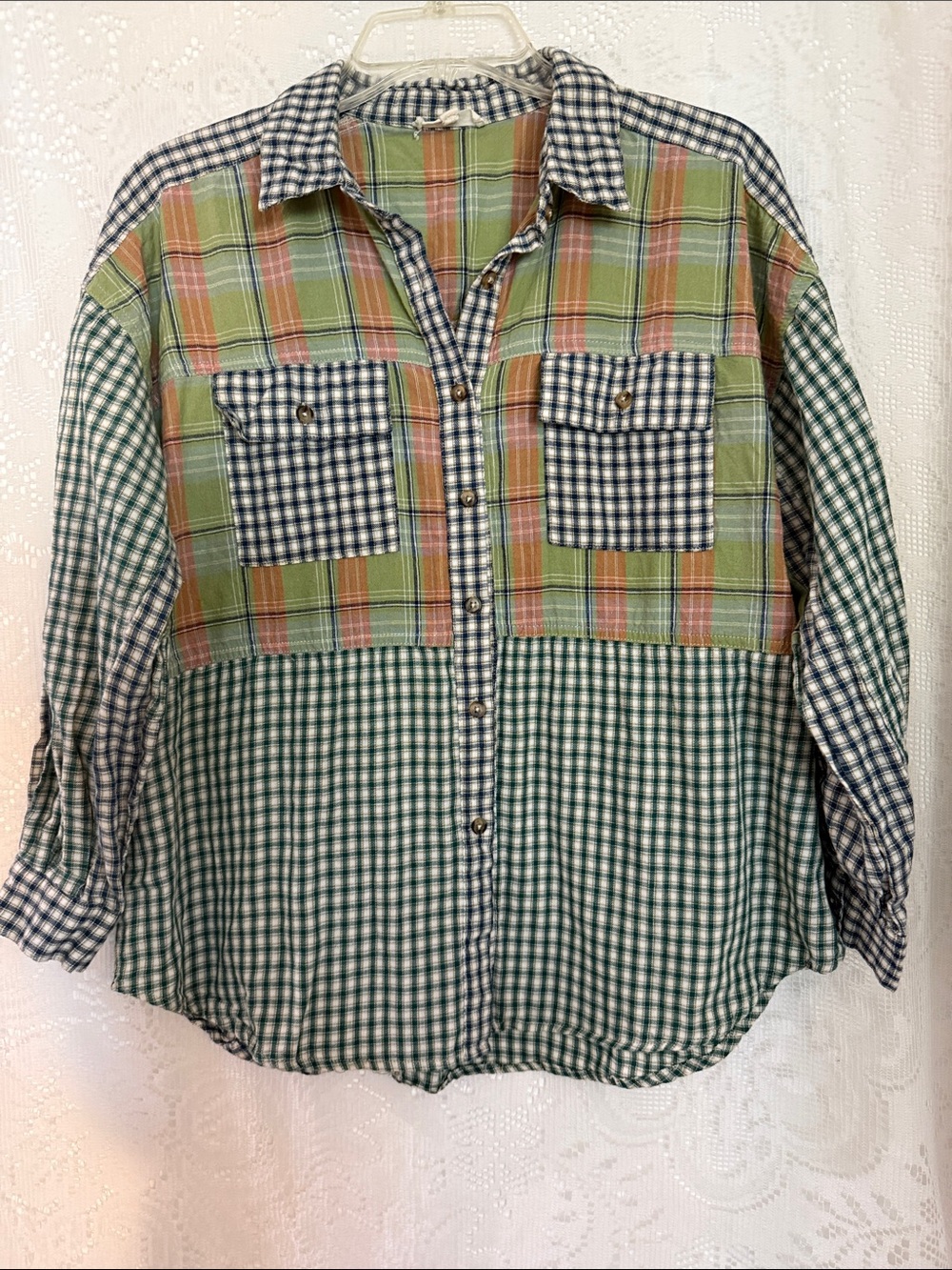 Easel Plaid Patchwork Button-Up Shirt
